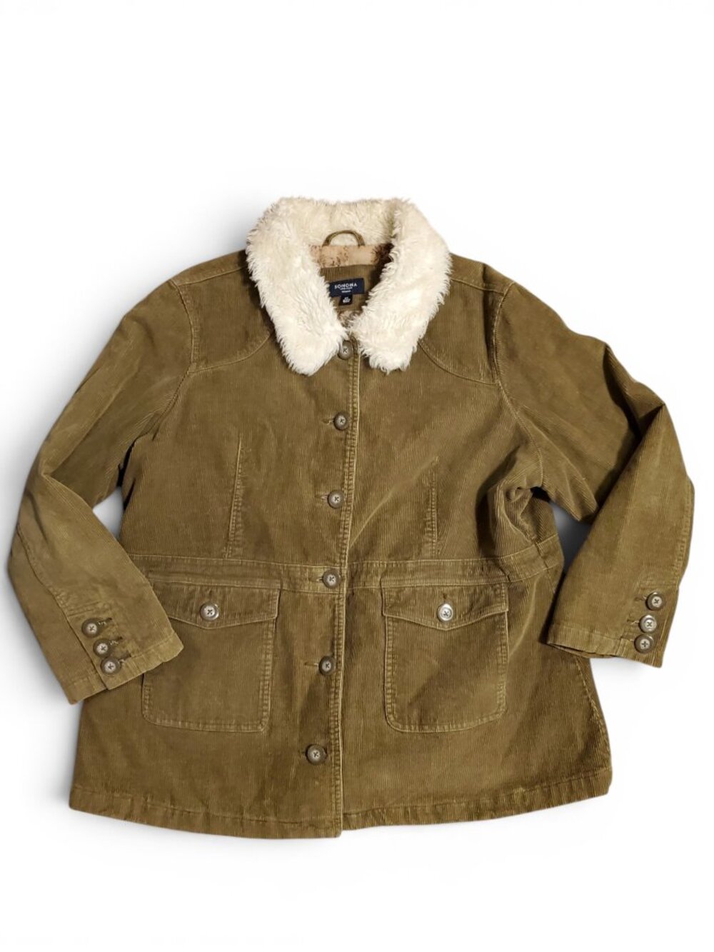 Vintage Y2K Olive Green Women's Corduroy Sherpa Fur Trim Quilted Coat Size 2X